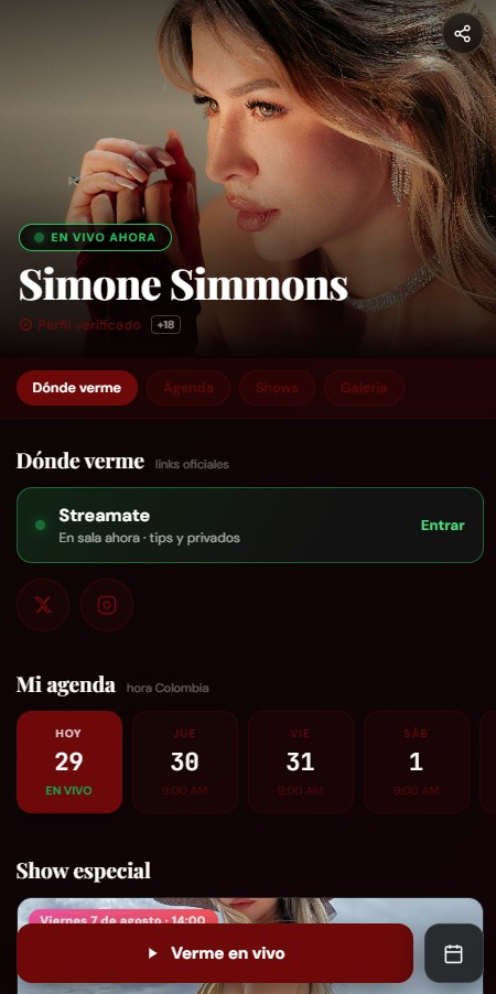 Página bio de una modelo de Producciones Olympus